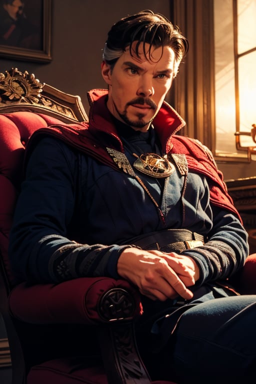 A solemn, bespectacled Dr. Stephen Strange sits comfortably in a plush, velvet armchair, adorned with intricate carvings and ornate upholstery. Soft, golden light casts a warm glow on his contemplative face, as he leans forward slightly, his hands clasped together in thought. A rich, crimson-colored drapery hangs majestically behind him, while the muted tones of the room's furnishings evoke the era's opulence.,Simple Background,Upper Body,Masterpiece, photorealistic,stephen_strange