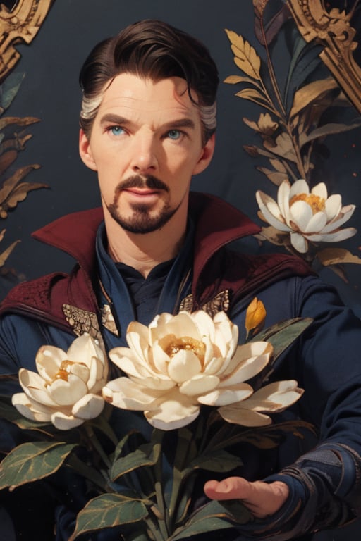 Dr. Stephen Strange enveloped in a thick wall of flowers. Upper body portrait. Dark background. Looking away from camera.

Masterpiece, photorealistic, green-blue eyes,
stephen_strange,

overlooking, documentary,

Zhostovo painting