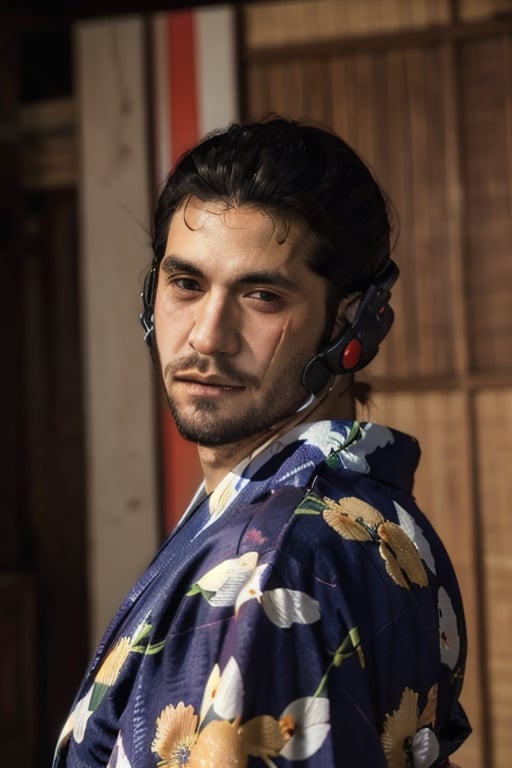 Highly detailed, High Quality, Masterpiece, beautiful, sole_male, 1boy, solo, Jetstream Sam, Half body portrait, facial hair, beard, vertical scar on face, european face, brazilian face, beautiful photography, stage photography, interesting pose, unusual head tilt, traditional japanese background, yukata, furisode, red_yukata, haori