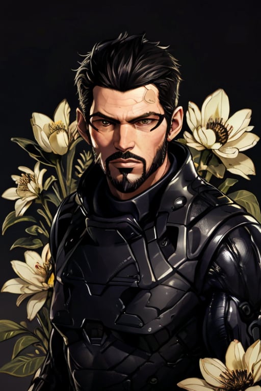 Adam Jensen enveloped in a thick wall of flowers. Upper body portrait. Black or dark background. Looking away from camera. Slightly colder pallete, colder filter.

Masterpiece, photorealistic, golden eyes, jensenDX,

overlooking, documentary,

Zhostovo painting, black theme