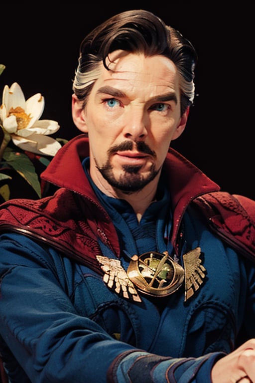 Dr. Stephen Strange enveloped in a thick wall of flowers. Upper body portrait. Dark red background. Looking away from camera.

Masterpiece, photorealistic, green-blue eyes,
stephen_strange,

overlooking, documentary,

Zhostovo painting flowers