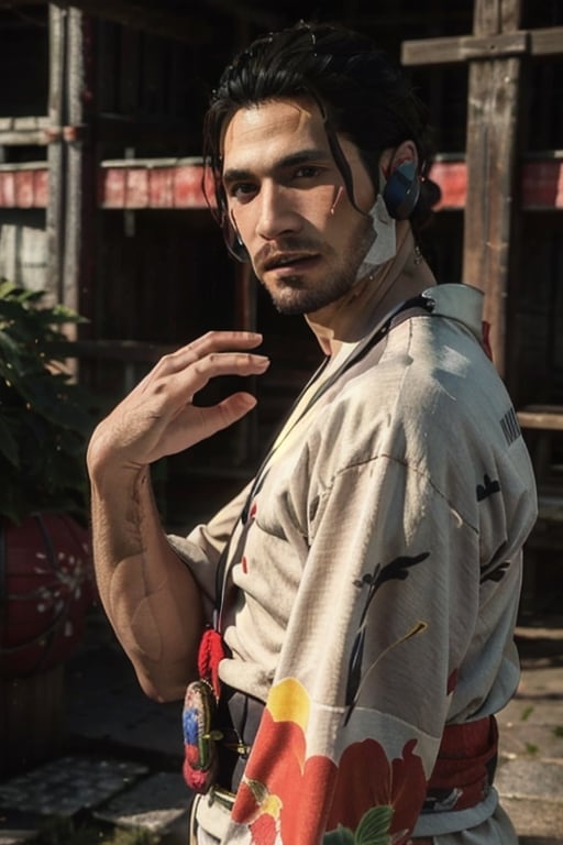 Highly detailed, High Quality, Masterpiece, beautiful, sole_male, 1boy, solo, male_focus, manly, Jetstream Sam, Half body portrait, facial hair, beard, vertical scar on face, european face, brazilian face, beautiful photography, stage photography, interesting pose, unusual head tilt, traditional japanese background, male yukata, red_yukata, haori, gaze somewhere, videogame screenshot, volumetric light, gorgeous light, colorful kites around