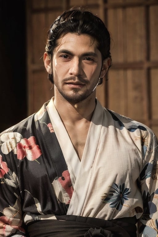 Highly detailed, High Quality, Masterpiece, beautiful, sole_male, 1boy, solo, male_focus, manly, Jetstream Sam, Half body portrait, facial hair, beard, vertical scar on face, european face, brazilian face, beautiful photography, stage photography, interesting pose, unusual head tilt, traditional japanese background, male yukata, red_yukata, haori, gaze somewhere