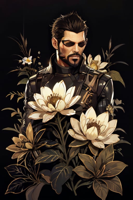 Adam Jensen enveloped in a thick wall of flowers. Upper body portrait. Black or dark background. Looking away from camera. Slightly colder pallete, colder filter.

Masterpiece, photorealistic, golden eyes, jensenDX,

overlooking, documentary,

Zhostovo painting, black theme