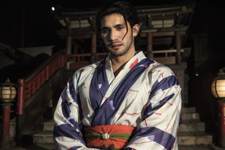 Highly detailed, High Quality, Masterpiece, beautiful, sole_male, 1boy, solo, male_focus, manly, Jetstream Sam, Half body portrait, facial hair, beard, vertical scar on face, european face, brazilian face, beautiful photography, stage photography, interesting pose, unusual head tilt, traditional japanese background, yukata, furisode, red_yukata, haori