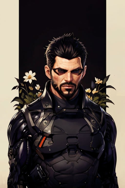 Adam Jensen enveloped in a thick wall of flowers. Upper body portrait. Black or dark background. Looking away from camera. Slightly colder pallete, colder filter.

Masterpiece, photorealistic, golden eyes, jensenDX,

overlooking, documentary,

Zhostovo painting, black theme