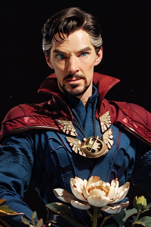 Dr. Stephen Strange enveloped in a thick wall of flowers. Upper body portrait. Dark red background. Looking away from camera.

Masterpiece, photorealistic, green-blue eyes,
stephen_strange,

overlooking, documentary