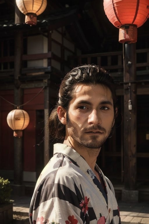 Highly detailed, High Quality, Masterpiece, beautiful, sole_male, 1boy, solo, male_focus, manly, Jetstream Sam, Half body portrait, facial hair, beard, vertical scar on face, european face, brazilian face, high ponytail, beautiful photography, professional photography, interesting pose, unusual head tilt, traditional japanese background, male yukata, red_yukata, haori, gaze away, movie screenshot, volumetric light, gorgeous light, colorful paper kites and japanese paper lanterns around