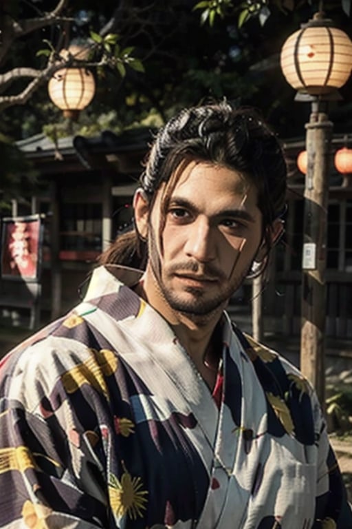 Highly detailed, High Quality, Masterpiece, beautiful, sole_male, 1boy, solo, male_focus, manly, Jetstream Sam, Half body portrait, facial hair, beard, vertical scar on face, european face, brazilian face, high ponytail, beautiful photography, professional photography, interesting pose, unusual head tilt, traditional japanese background, male yukata, red_yukata, haori, gaze away, movie screenshot, volumetric light, gorgeous light, colorful paper kites and japanese paper lanterns around