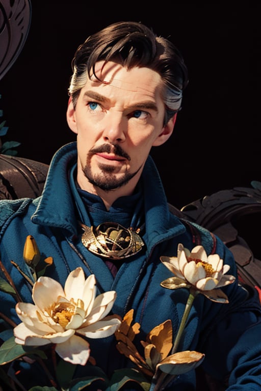 Dr. Stephen Strange enveloped in a thick wall of flowers. Upper body portrait. Dark red background. Looking away from camera.

Masterpiece, photorealistic, green-blue eyes,
stephen_strange,

overlooking, documentary,

Zhostovo painting flowers