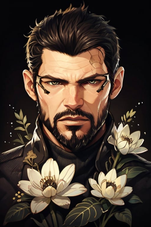 Adam Jensen enveloped in a thick wall of flowers. Upper body portrait. Black or dark background. Looking away from camera. Slightly colder pallete, colder filter.

Masterpiece, photorealistic, golden eyes, jensenDX,

overlooking, documentary,

Zhostovo painting, black theme