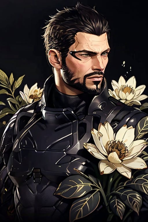 Adam Jensen enveloped in a thick wall of flowers. Upper body portrait. Black or dark background. Looking away from camera. Slightly colder pallete, colder filter.

Masterpiece, photorealistic, golden eyes, jensenDX,

overlooking, documentary,

Zhostovo painting, black theme