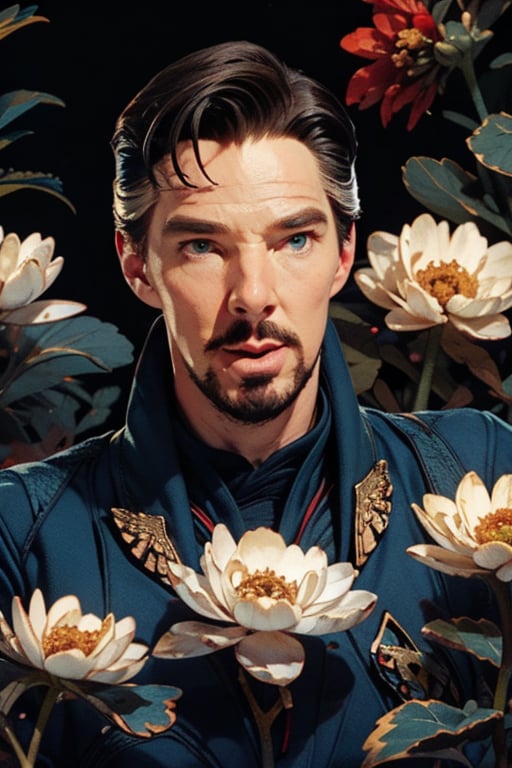 Dr. Stephen Strange enveloped in a thick wall of geraniums, with a whole blooming flower in his mouth, eyes almost closed. Upper body portrait. Dark background.

Masterpiece, photorealistic, green-blue eyes,
stephen_strange