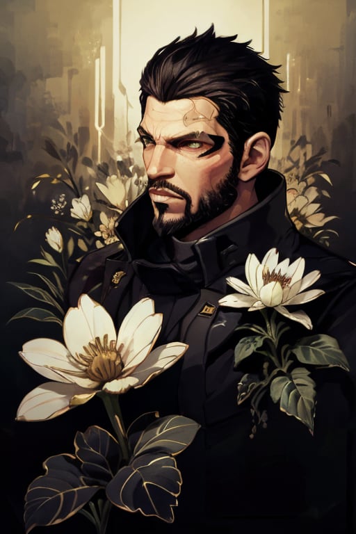 Adam Jensen enveloped in a thick wall of flowers. Upper body portrait. Black or dark background. Looking away from camera. Slightly colder pallete, colder filter.

Masterpiece, photorealistic, golden eyes, jensenDX,

overlooking, documentary,

Zhostovo painting, black theme