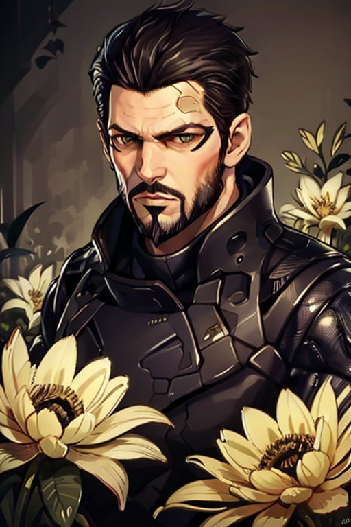 Adam Jensen enveloped in a thick wall of flowers. Upper body portrait. Black or dark background. Looking away from camera. Slightly colder pallete, colder filter.

Masterpiece, photorealistic, golden eyes, jensenDX,

overlooking, documentary,

Zhostovo painting