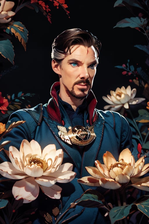 Dr. Stephen Strange enveloped in a thick wall of flowers. Upper body portrait. Dark red background. Looking away from camera.

Masterpiece, photorealistic, green-blue eyes,
stephen_strange,

overlooking, documentary