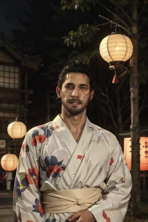 Highly detailed, High Quality, Masterpiece, beautiful, sole_male, 1boy, solo, male_focus, manly, Jetstream Sam, Half body portrait, facial hair, beard, vertical scar on face, european face, brazilian face, beautiful photography, stage photography, interesting pose, unusual head tilt, traditional japanese background, male yukata, red_yukata, haori, gaze somewhere, videogame screenshot, volumetric light, gorgeous light, colorful paper kites and japanese paper lanterns around