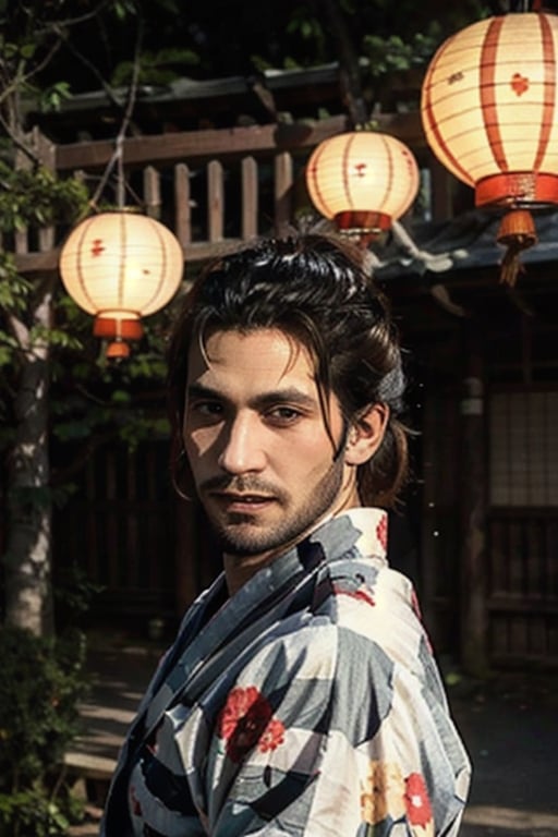 Highly detailed, High Quality, Masterpiece, beautiful, sole_male, 1boy, solo, male_focus, manly, Jetstream Sam, Half body portrait, facial hair, beard, vertical scar on face, european face, brazilian face, high ponytail, beautiful photography, professional photography, interesting pose, unusual head tilt, traditional japanese background, male yukata, red_yukata, haori, gaze away, movie screenshot, volumetric light, gorgeous light, colorful paper kites and japanese paper lanterns around