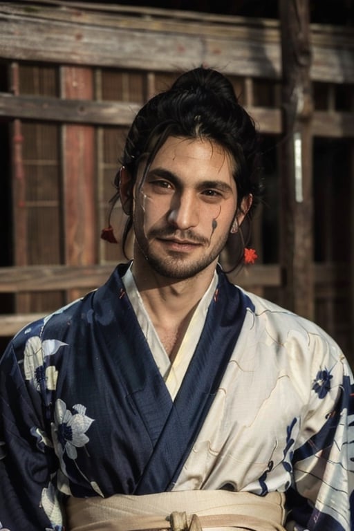 Highly detailed, High Quality, Masterpiece, beautiful, sole_male, 1boy, solo, Jetstream Sam, Half body portrait, facial hair, beard, vertical scar on face, european face, brazilian face, beautiful photography, stage photography, interesting pose, unusual head tilt, traditional japanese background, yukata, furisode, red_yukata, haori