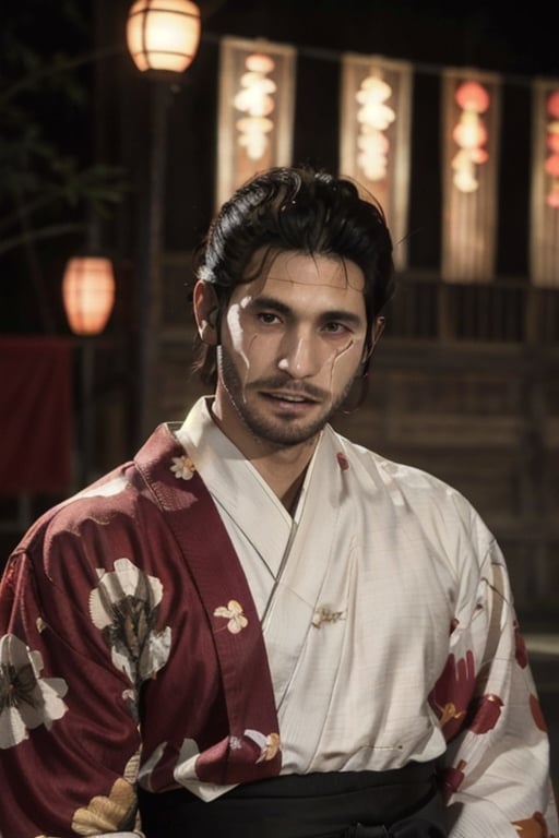 Highly detailed, High Quality, Masterpiece, beautiful, sole_male, 1boy, solo, male_focus, manly, Jetstream Sam, Half body portrait, facial hair, beard, vertical scar on face, european face, brazilian face, beautiful photography, stage photography, interesting pose, unusual head tilt, traditional japanese background, yukata, furisode, red_yukata, haori