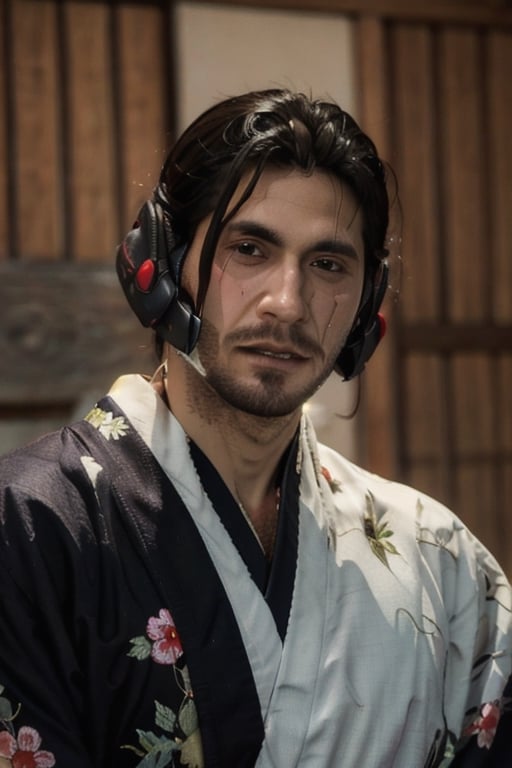 Highly detailed, High Quality, Masterpiece, beautiful, sole_male, 1boy, solo, Jetstream Sam, Half body portrait, facial hair, beard, vertical scar on face, european face, brazilian face, beautiful photography, stage photography, interesting pose, unusual head tilt, traditional japanese background, yukata, furisode, red_yukata, haori