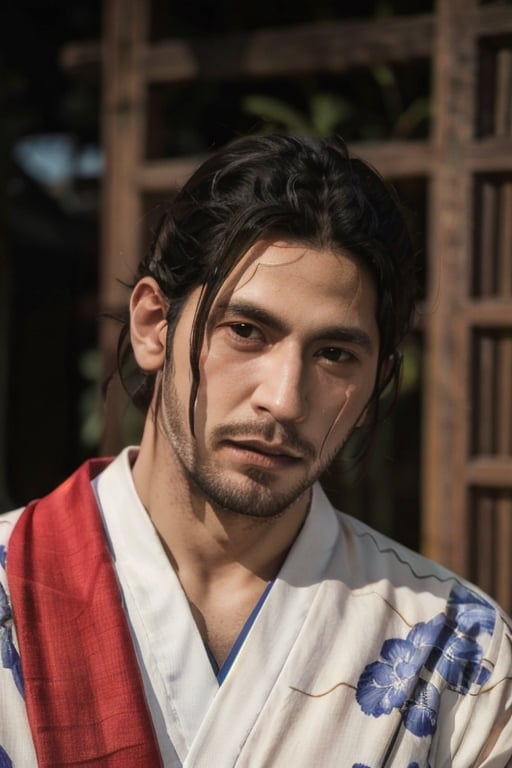 Highly detailed, High Quality, Masterpiece, beautiful, sole_male, 1boy, solo, male_focus, manly, Jetstream Sam, Half body portrait, facial hair, beard, vertical scar on face, european face, brazilian face, beautiful photography, stage photography, interesting pose, unusual head tilt, traditional japanese background, yukata, furisode, red_yukata, haori, gaze somewhere