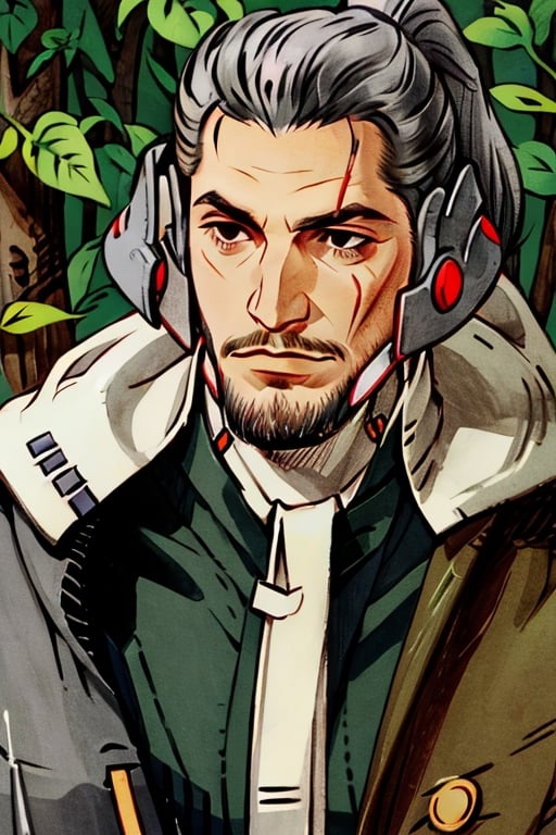 Highly detailed, High Quality, Masterpiece, beautiful, sole_male, 1boy, solo, male_focus, manly, Jetstream Sam, facial hair, stubble on the face, vertical scar on face, european face, brazilian face, high ponytail, flower meadow, forest and greenery, FFIXBG, silver cloak with giant hood, black scarf on neck, fully 
covered neck, covered ears,BlackworkStyleManityro