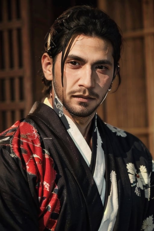 Highly detailed, High Quality, Masterpiece, beautiful, sole_male, 1boy, solo, male_focus, manly, Jetstream Sam, Half body portrait, facial hair, beard, vertical scar on face, european face, brazilian face, beautiful photography, stage photography, interesting pose, unusual head tilt, traditional japanese background, yukata, furisode, red_yukata, haori