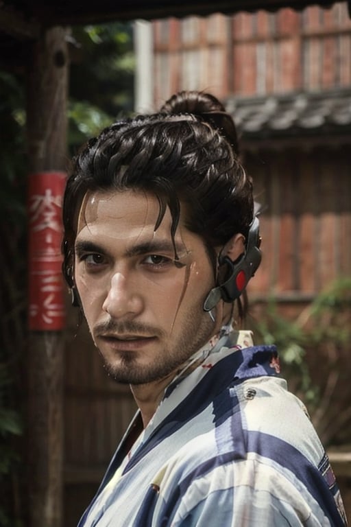 Highly detailed, High Quality, Masterpiece, beautiful, sole_male, 1boy, solo, male_focus, manly, Jetstream Sam, Half body portrait, facial hair, beard, vertical scar on face, european face, brazilian face, beautiful photography, stage photography, interesting pose, unusual head tilt, traditional japanese background, yukata, furisode, red_yukata, haori, gaze somewhere