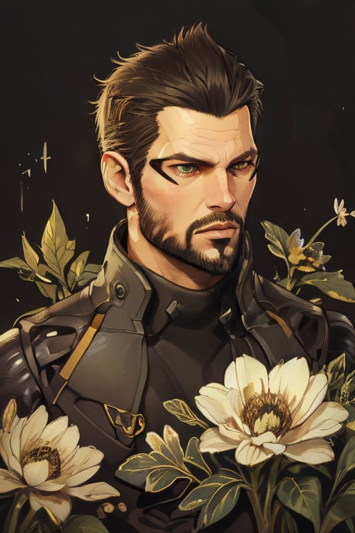 Adam Jensen enveloped in a thick wall of flowers. Upper body portrait. Black or dark background. Looking away from camera. Slightly colder pallete, colder filter.

Masterpiece, photorealistic, golden eyes, jensenDX,

overlooking, documentary,

Zhostovo painting