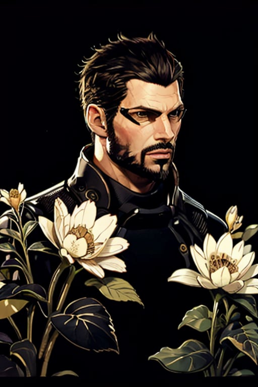 Adam Jensen enveloped in a thick wall of flowers. Upper body portrait. Black or dark background. Looking away from camera. Slightly colder pallete, colder filter.

Masterpiece, photorealistic, golden eyes, jensenDX,

overlooking, documentary,

Zhostovo painting, black theme