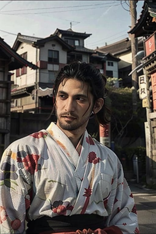 Highly detailed, High Quality, Masterpiece, beautiful, sole_male, 1boy, solo, male_focus, manly, Jetstream Sam, Half body portrait, facial hair, beard, vertical scar on face, european face, brazilian face, high ponytail, beautiful photography, professional photography, interesting pose, unusual head tilt, traditional japanese background, male yukata, red_yukata, haori, gaze away, movie screenshot, volumetric light, gorgeous light, colorful paper kites and japanese paper lanterns around