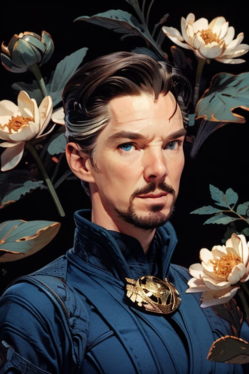 Dr. Stephen Strange enveloped in a thick wall of geraniums, with a whole blooming flower on his lips, eyes almost closed. Upper body portrait. Dark background.

Masterpiece, photorealistic, green-blue eyes,
stephen_strange