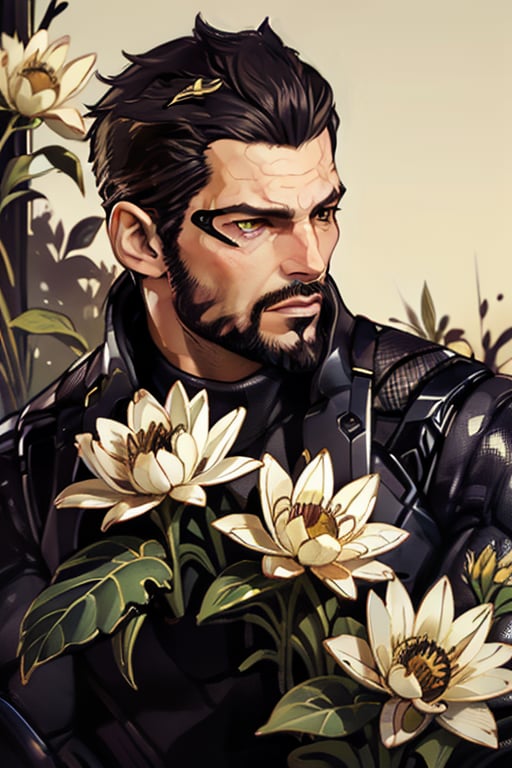 Adam Jensen enveloped in a thick wall of flowers. Upper body portrait. Black or dark background. Looking away from camera. Slightly colder pallete, colder filter.

Masterpiece, photorealistic, golden eyes, jensenDX,

overlooking, documentary,

Zhostovo painting