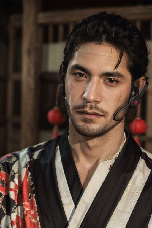 Highly detailed, High Quality, Masterpiece, beautiful, sole_male, 1boy, solo, male_focus, manly, Jetstream Sam, Half body portrait, facial hair, beard, vertical scar on face, european face, brazilian face, beautiful photography, stage photography, interesting pose, unusual head tilt, traditional japanese background, male yukata, red_yukata, haori, gaze somewhere