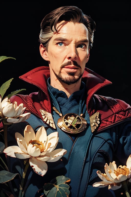 Dr. Stephen Strange enveloped in a thick wall of flowers. Upper body portrait. Dark red background. Looking away from camera.

Masterpiece, photorealistic, green-blue eyes,
stephen_strange,

overlooking, documentary,

Zhostovo painting