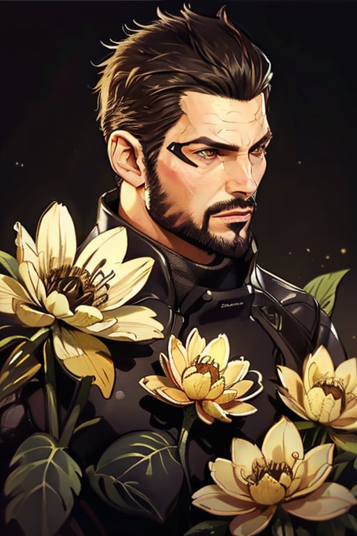 Adam Jensen enveloped in a thick wall of flowers. Upper body portrait. Black or dark background. Looking away from camera. Slightly colder pallete, colder filter.

Masterpiece, photorealistic, golden eyes, jensenDX,

overlooking, documentary,

Zhostovo painting