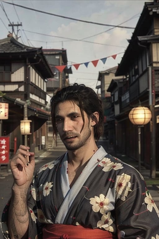 Highly detailed, High Quality, Masterpiece, beautiful, sole_male, 1boy, solo, male_focus, manly, Jetstream Sam, Half body portrait, facial hair, beard, vertical scar on face, european face, brazilian face, beautiful photography, stage photography, interesting pose, unusual head tilt, traditional japanese background, male yukata, red_yukata, haori, gaze somewhere, videogame screenshot, volumetric light, gorgeous light, colorful paper kites and japanese paper lanterns around