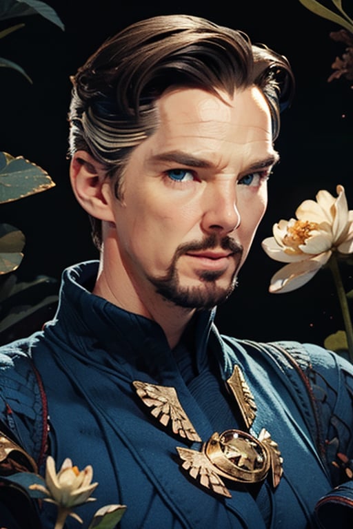 Dr. Stephen Strange enveloped in a thick wall of geraniums, with a whole blooming flower on his lips, eyes almost closed. Upper body portrait. Dark background.

Masterpiece, photorealistic, green-blue eyes,
stephen_strange