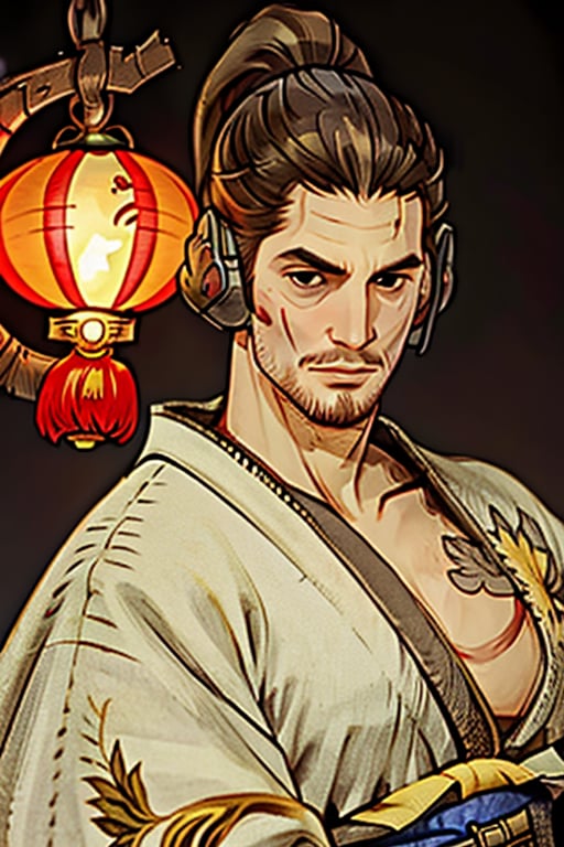 Jetstream Sam stands solo, his manly features illuminated by soft, warm lighting of surrounding chinese paper lanterns. His European-brazilian face is framed by a high ponytail and adorned with a vertical scar above his lip, hinting at a story untold. A subtle stubble accentuates his jawline as he wears a thoughtful look, his gaze slightly downwards. The golden kimono and haori wrap around him like a shroud, fully covering his ears in the process. Against a traditional background, Sam smiles warmly with confidence, his beauty radiating in this masterpiece portrait.