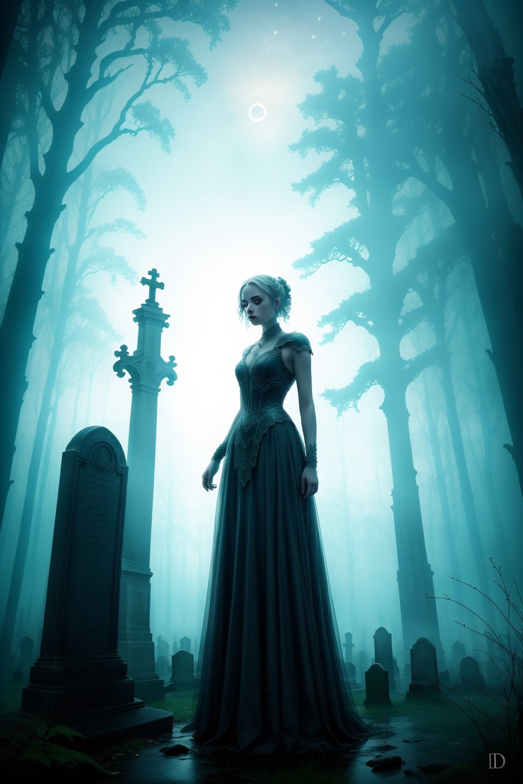 {{A haunting depiction of a young woman}} with intense green eyes,  clad in elegant Victorian attire,  stands amidst a fog...