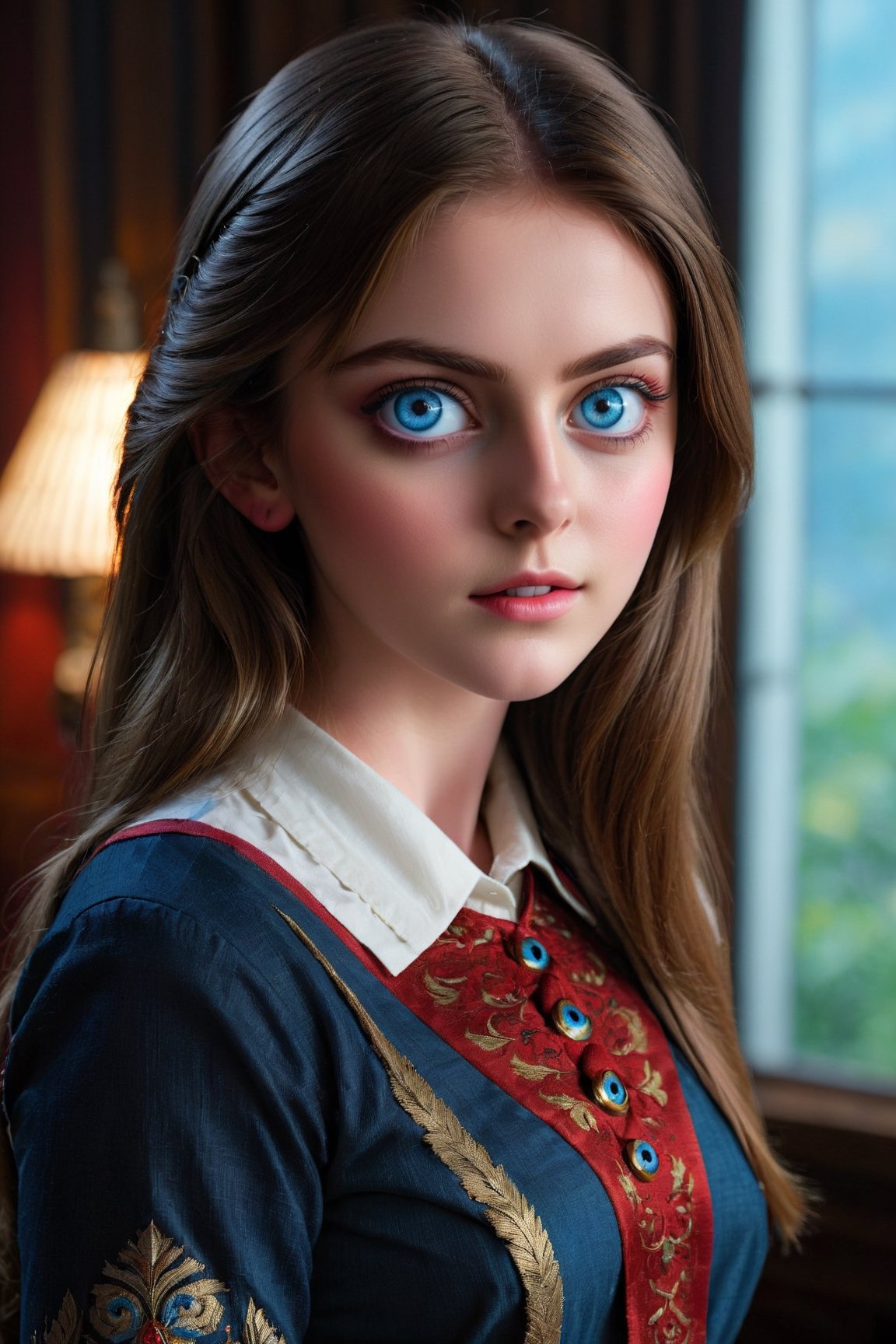 (((masterpiece))) (((best quality))) ((ultra-detailed)) (((blackmailed))) (((8K))) (((realistic))) (detailed light) ((an extremely delicate and beautiful)) (beautiful detailed blue eyes, detailed beautiful face, red cheeks:1.5) dramatic lighting 1girl (long straight hair:1.5) button shirt skirt looking at viewer large breasts indoor masterpiece focus expression upper body intricate secenary