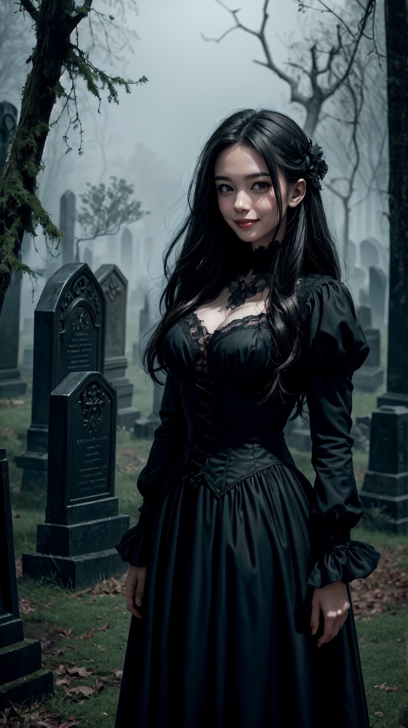 {{A haunting depiction of a young woman}} with intense green eyes,  clad in elegant Victorian attire,  stands amidst a fog...