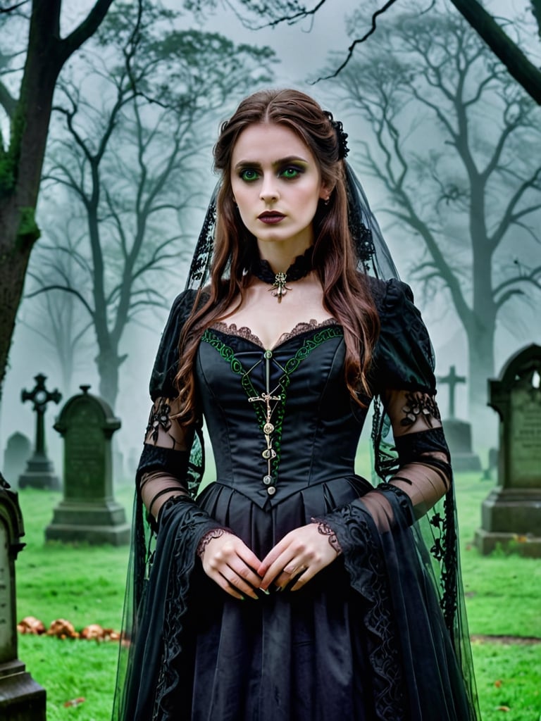 {{A haunting depiction of a young woman}} with intense green eyes,  clad in elegant Victorian attire,  stands amidst a fog...
