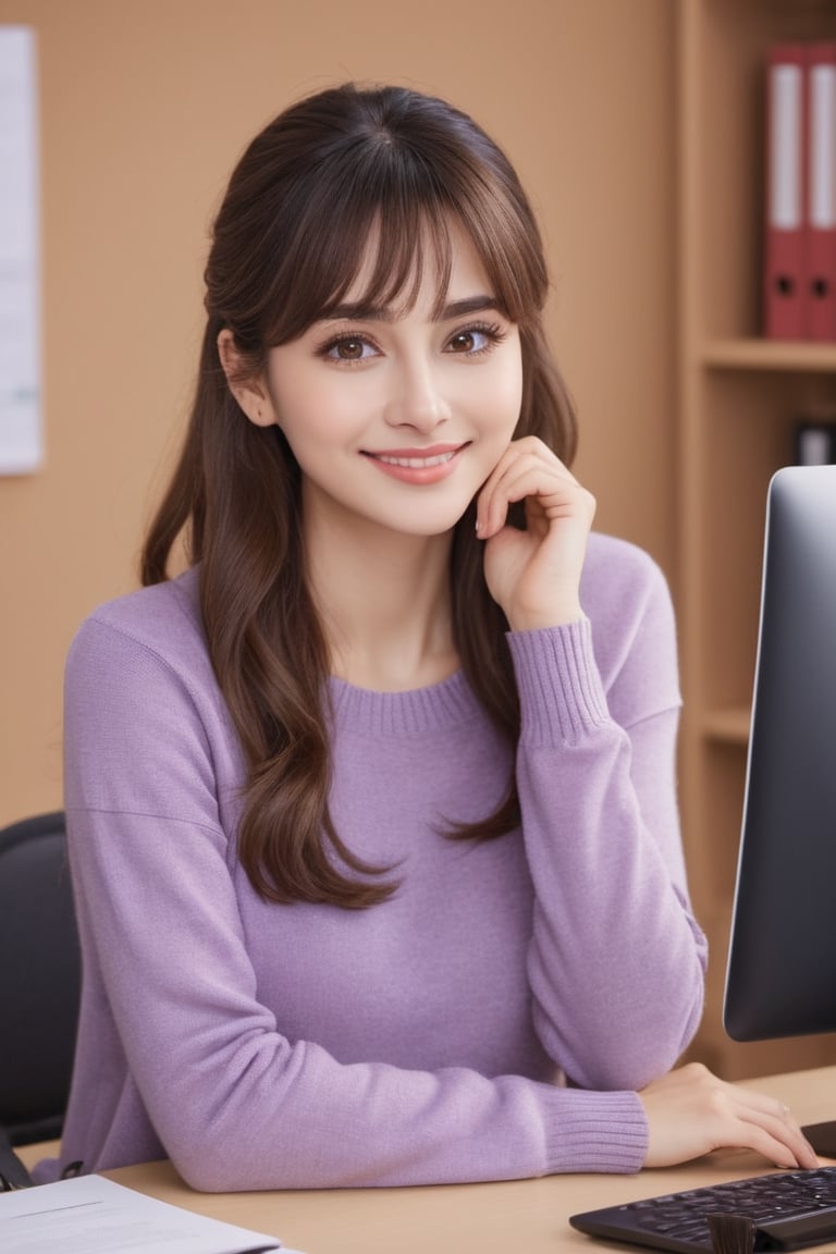 1 female, Composition from the front:1.2, (She works at her desk:1.1), (She holds her hands out), Image quality with line enhancement:1.35, Depiction of animated characters, Mature Women:1.15, (cute:1.08), smile, elegant, ((wears a purple Thick knit)), She carries a backpack, ((morning time:1.2)), ((drooping eyes:1.02)), ((large eyes:1.23)), ((lofty nose:1.23)), brown eyes, Bangs above the eyebrows, brown long hair, Big tree, in the Office of an up-and-coming venture company, Ultra high resolution, ultra high quality, 24K, delicate image quality,