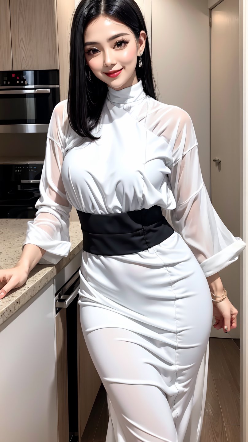  30yo woman wearing white shal with white textures long black dark hair slick back and smooth. Kissface. smile. Looking at camera. POV. Dancing, moving, happy. Kitchen. Fully furnished. Night time.