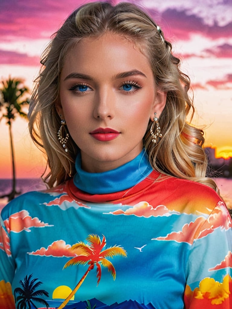 {{A mesmerizing depiction of a girl}} with {blonde hair, blue eyes, long hair, earrings, jewelry, necklace, bracelet, red top, turtleneck crop top, long sleeves}. This is a vibrant-inspired image that showcases {night, sunset, beach, palm trees, cityscape, silhouettes, ocean, tropical, birds, clouds}. The environment/background should be {night} to create an {alluring atmosphere}. The image should be in the style of a {digital illustration}, incorporating elements of {colorful pop art, vibrant sunset photography, tropical illustrations}. The {extreme close-up} shot, captured with a {macro} lens, will provide a {dynamic angle}. The lighting should be {moonlight passing through hair}, emphasizing {intricate details}. The desired level of detail is {ultra-detailed body} with a {highest detailed} resolution, highlighting {the facial features and jewelry}. The goal is to create a {colorful masterpiece} image that captivates viewers with its {vibrancy and intricacy}.