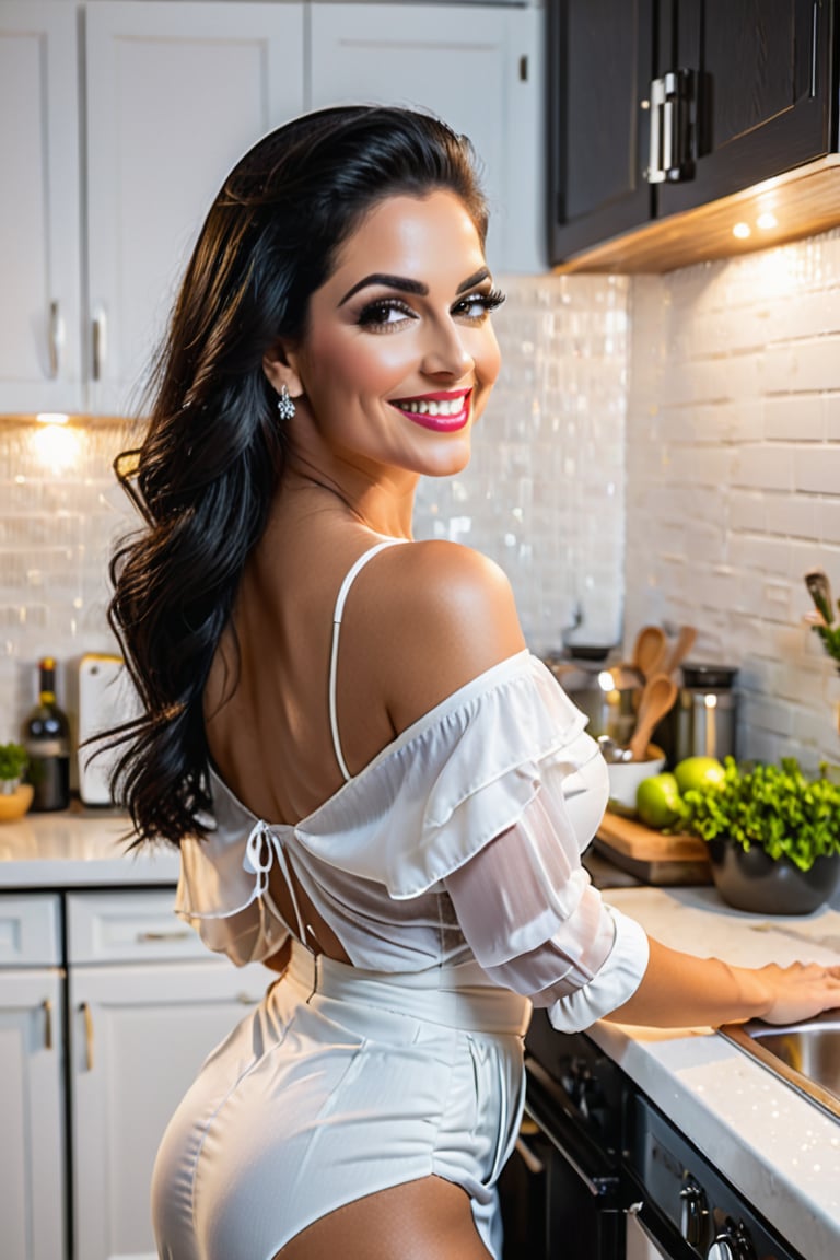  30yo woman wearing white shal with white textures long black dark hair slick back and smooth. Kissface. smile. Looking at camera. POV. Dancing, moving, happy. Kitchen. Fully furnished. Night time.