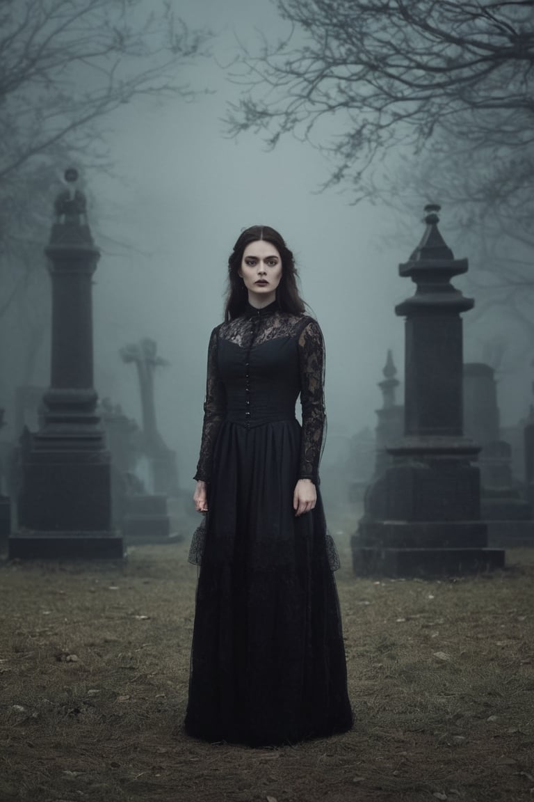 {{A haunting depiction of a young woman}} with intense green eyes,  clad in elegant Victorian attire,  stands amidst a fog...