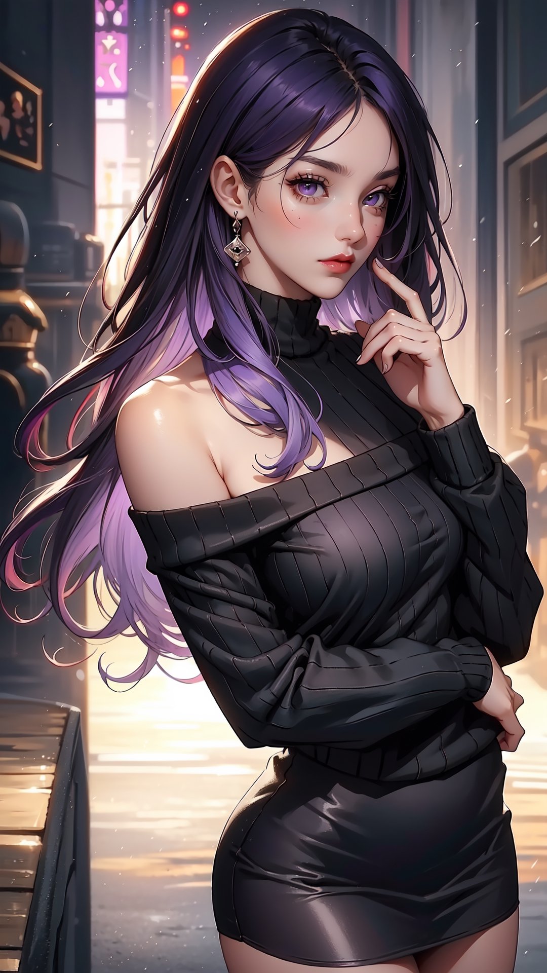 girlwith long light purple hair, highly detailed face, highly detailed eyes, long black hair, pretty face, brown eyes, black short skirt and long-sleeved black sweater, short black off shoulder sweater, big boobs, beauty mark, purple eyes, femininity, pride, beautiful posture